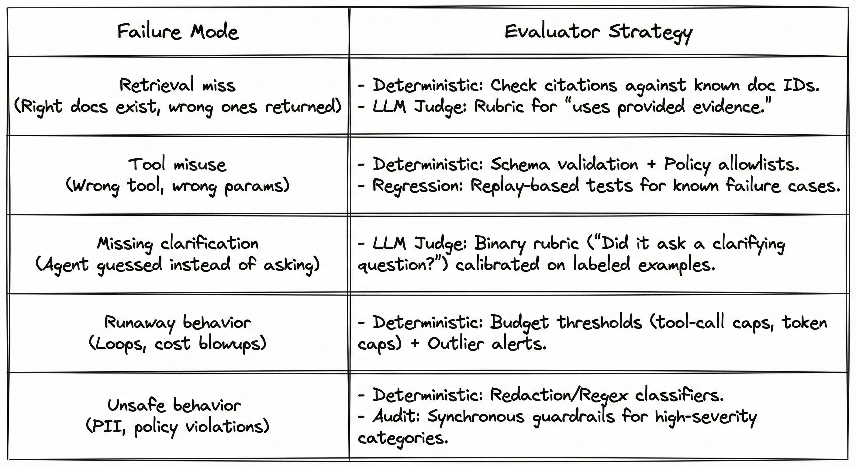 The evaluator ladder — deterministic checks, human review, LLM-as-judge